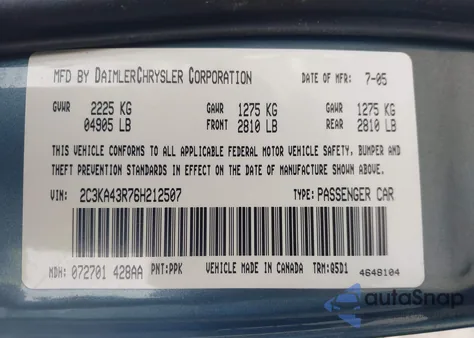 2006 Chrysler 300 из США, поврежденный, VIN 2C3KA43R76H212507